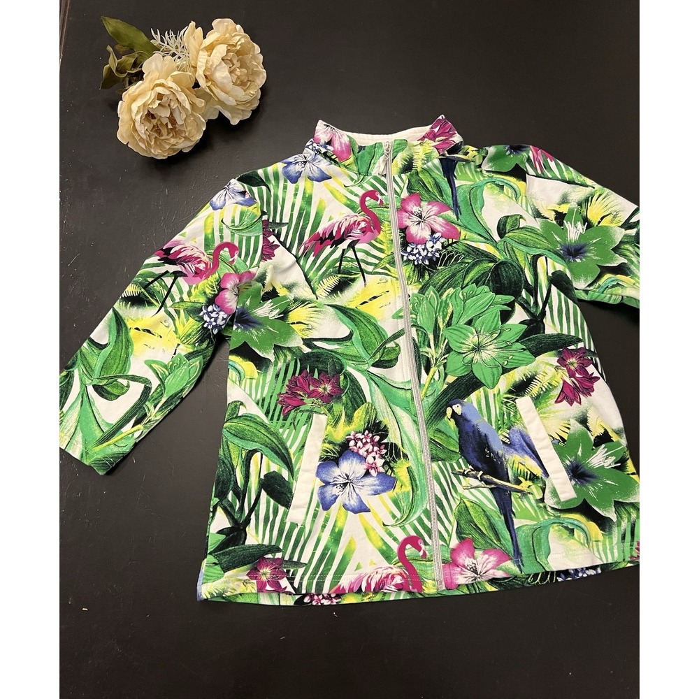 Onque Casual Green Pink Tropical Palm Parrot Flamingo Zip Up Sweat Cardigan Sz M